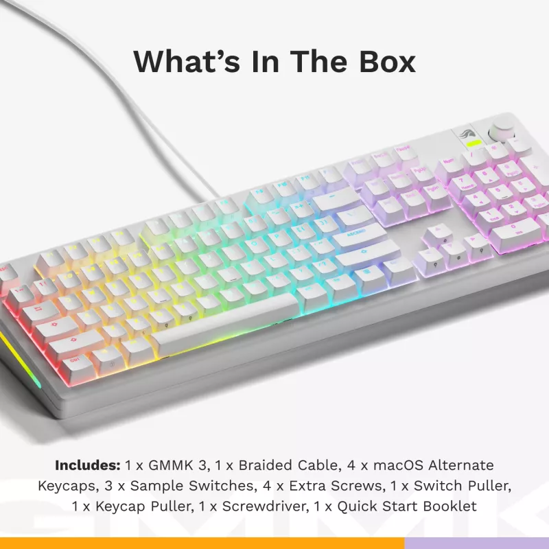 Glorious Gaming GMMK 3 100% Prebuilt Wired balta - US, vadu, USB, mehāniska, QWERTY, RGB LED, balta