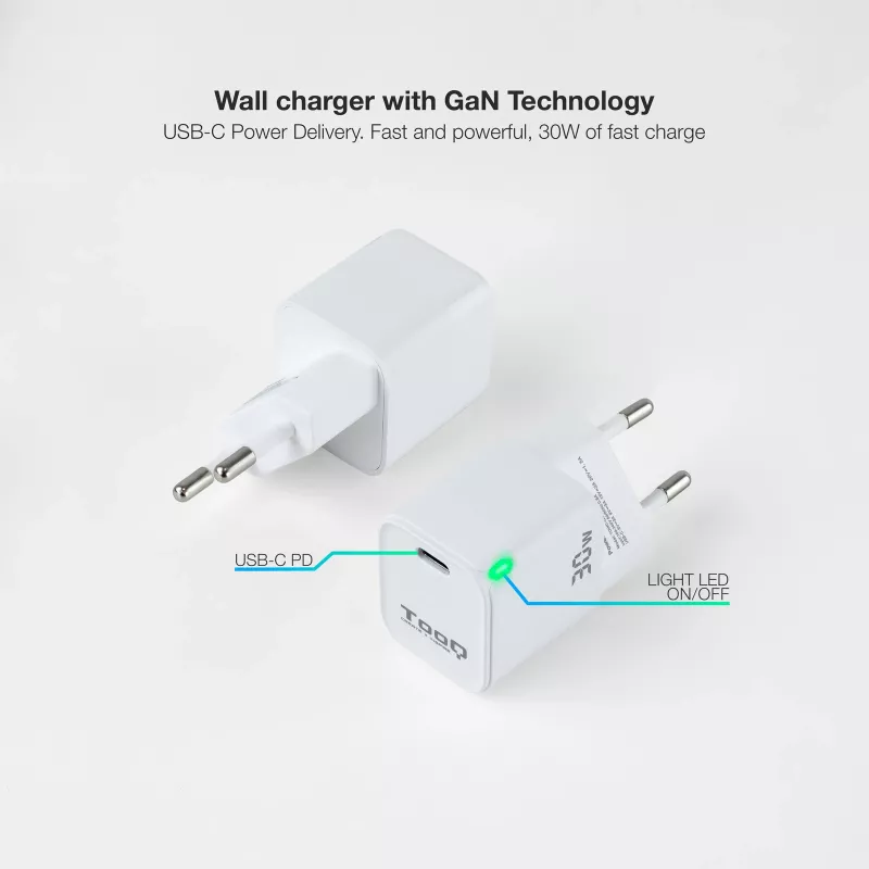 TooQ GAN USB-C/PD sienas lādētājs 30 W, balts, iekštelpām, maiņstrāva, balts