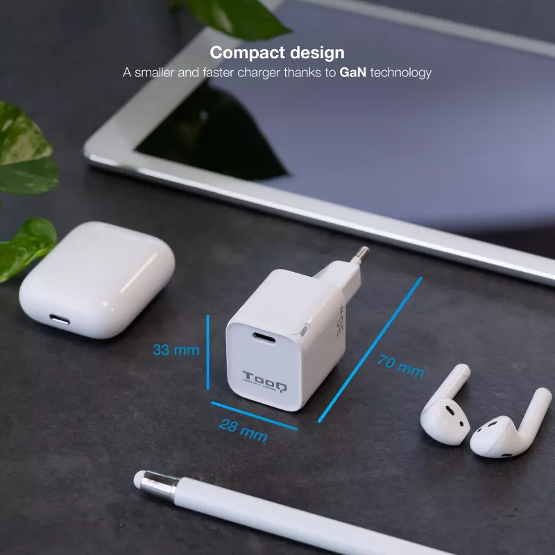 TooQ GAN USB-C/PD sienas lādētājs 30 W, balts, iekštelpām, maiņstrāva, balts