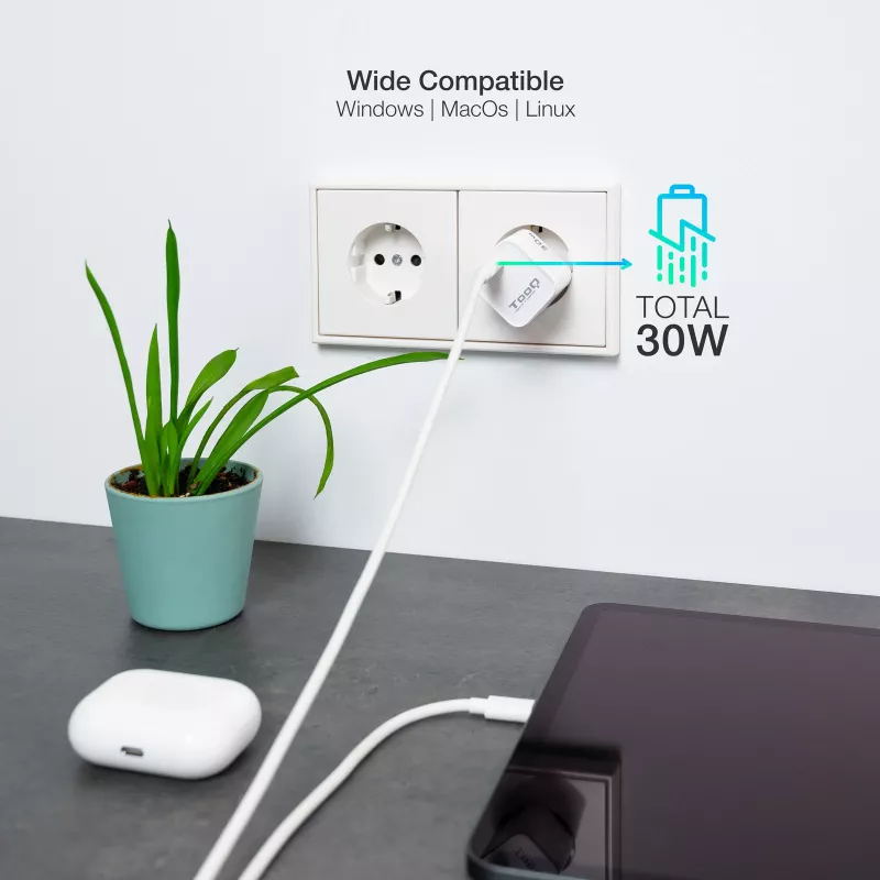 TooQ GAN USB-C/PD sienas lādētājs 30 W, balts, iekštelpām, maiņstrāva, balts