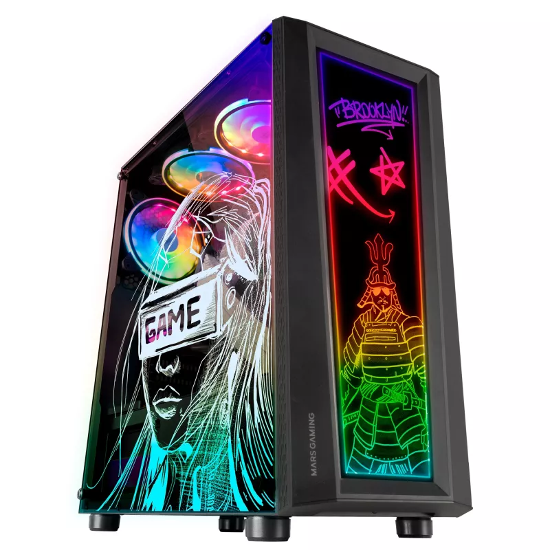 Mars Gaming MC-ART melns ATX spēļu datora korpuss ar dubultu zīmējamu rūdītu stiklu, ARGB 12 režīmi, 12 cm ventilators