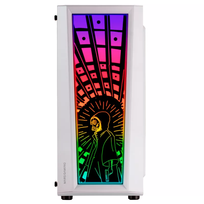 Mars Gaming MC-ART balta ATX spēļu datora korpuss ar abpusēji zīmējamu rūdīto stiklu, ARGB 12 režīmu 12 cm ventilators