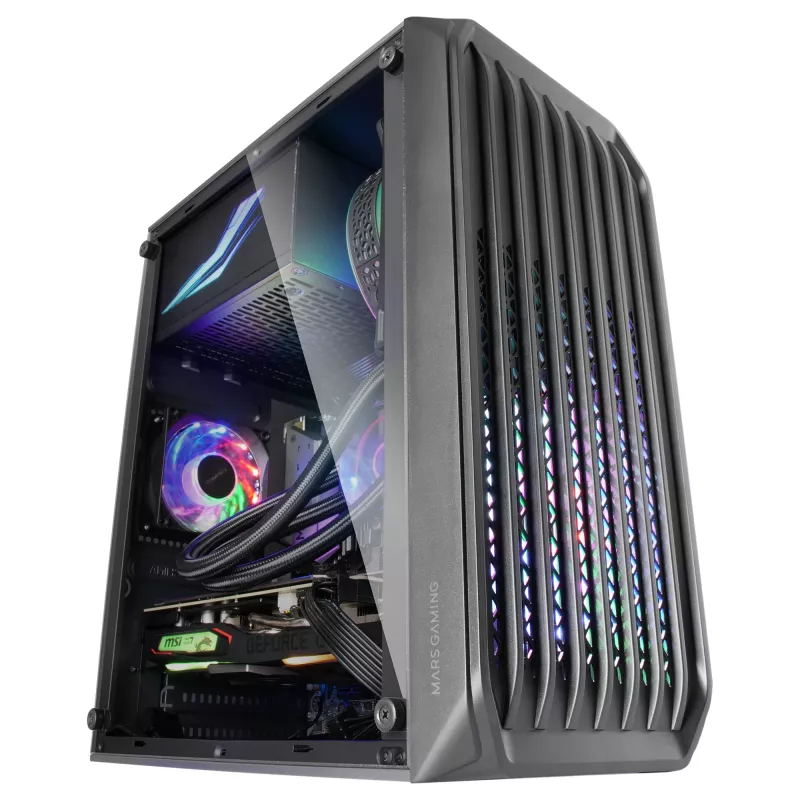 Mars Gaming MC-S2 Melns Kompakts Micro-ATX Spēļu Datora Korpuss ar 2 FRGB Varavīksnes Ventilatoriem, Priekšējo Resti un Pilna Izmēra Sānu Logu