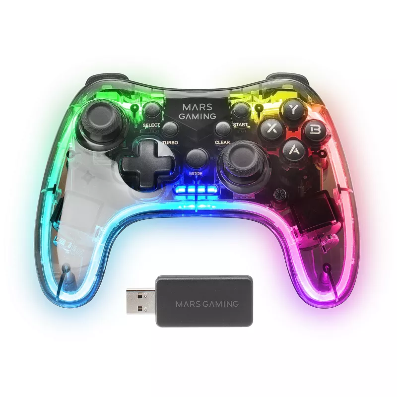 Mars Gaming MGP-24 bezvadu spēļu kontrolieris 2.4GPRO Neon RGB ar duālo haptisko vibrāciju un analogajiem kursorsvirām kontrolieris priekš PC PS3 PS4 XBOX360 Raspberry Pi Mac Android