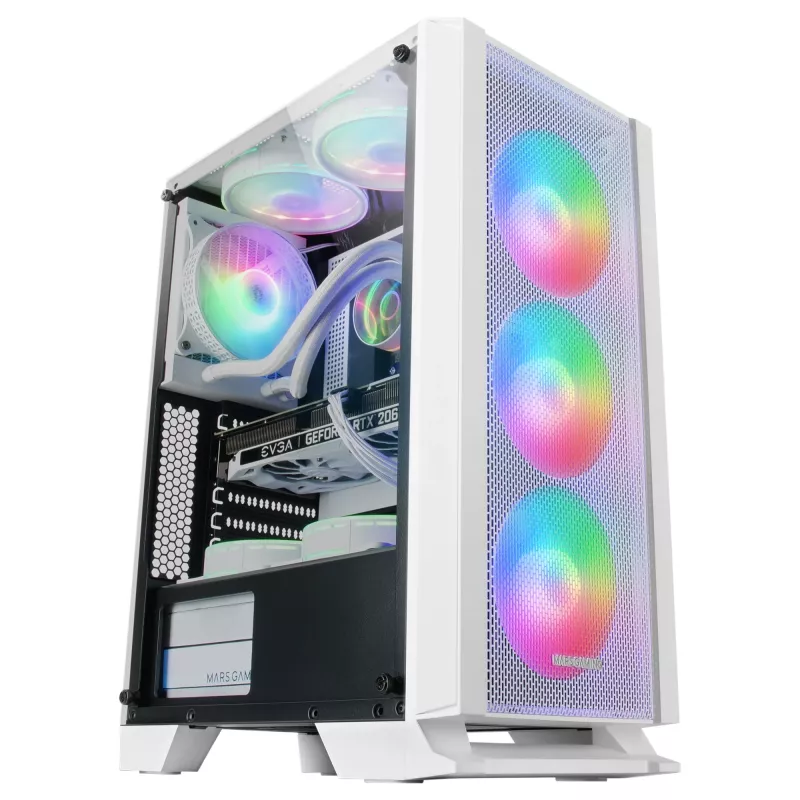 Mars Gaming MC-C balta PC ATX korpuss ar metāla sieta priekšējo paneli, rūdīta stikla logu un 3 priekšējiem FRGB 120 mm ventilatoriem