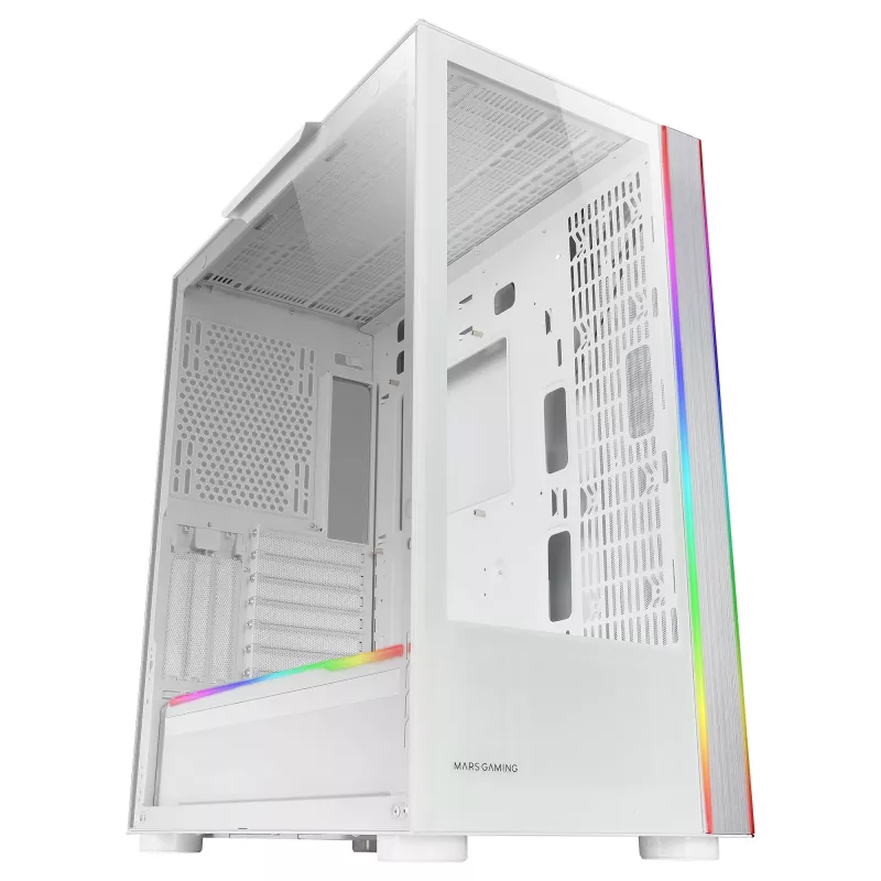 Mars Gaming MC-ULTRA balta Custom XXL E-ATX Gaming Tower Dual ARGB LED Stripes Dual Tempered Glass Windows Dual Vertical Camera Structure