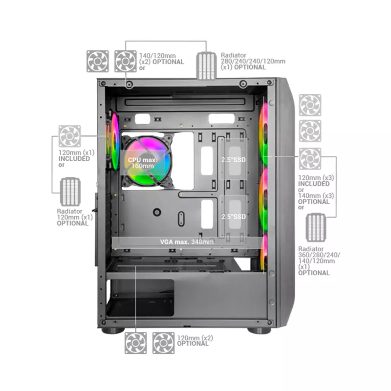 Mars Gaming MC-KX melns, augstākās klases E-ATX spēļu tornis FREEZER CPU sistēma, 5 īpaši klusi ARGB ventilatori, ARGB kontrolieris un RF kontrolieris, sieta priekšpuse