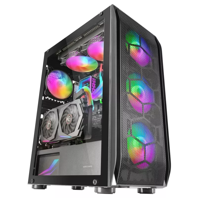 Mars Gaming MC-KX melns, augstākās klases E-ATX spēļu tornis FREEZER CPU sistēma, 5 īpaši klusi ARGB ventilatori, ARGB kontrolieris un RF kontrolieris, sieta priekšpuse