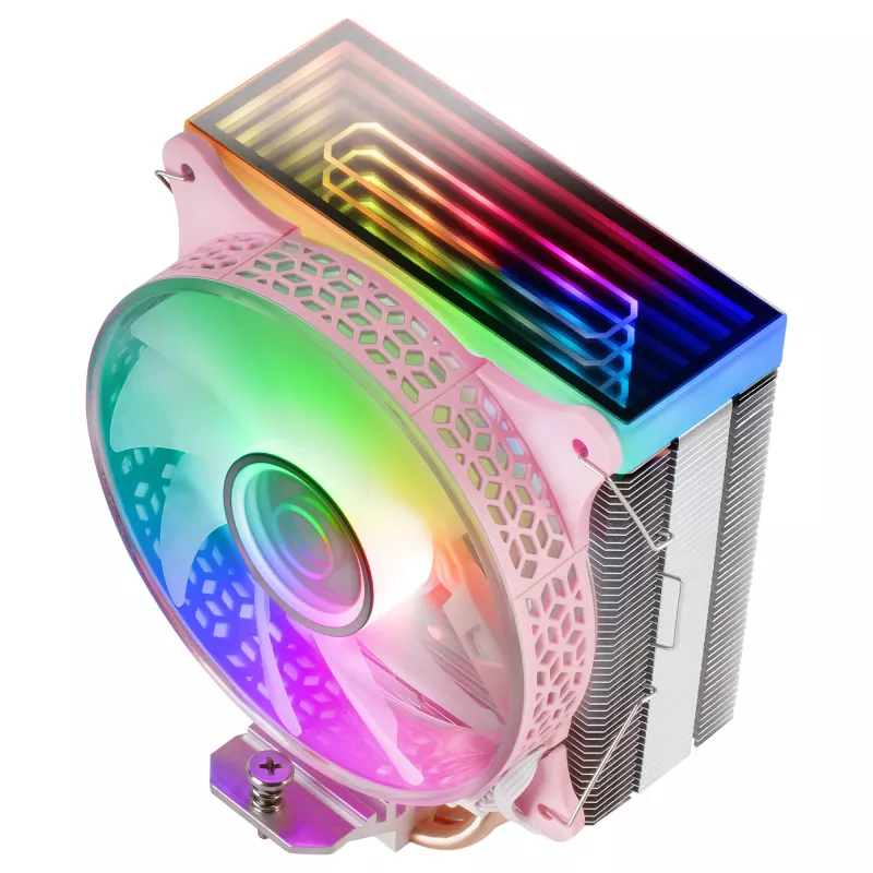 Mars Gaming MCPU-VR rozā CPU dzesētājs ar dubultu bezgalības spoguļa ARGB, 4 HCT siltuma caurulēm, 180 W TDP, īpaši klusu PWM 12 cm ventilatoru
