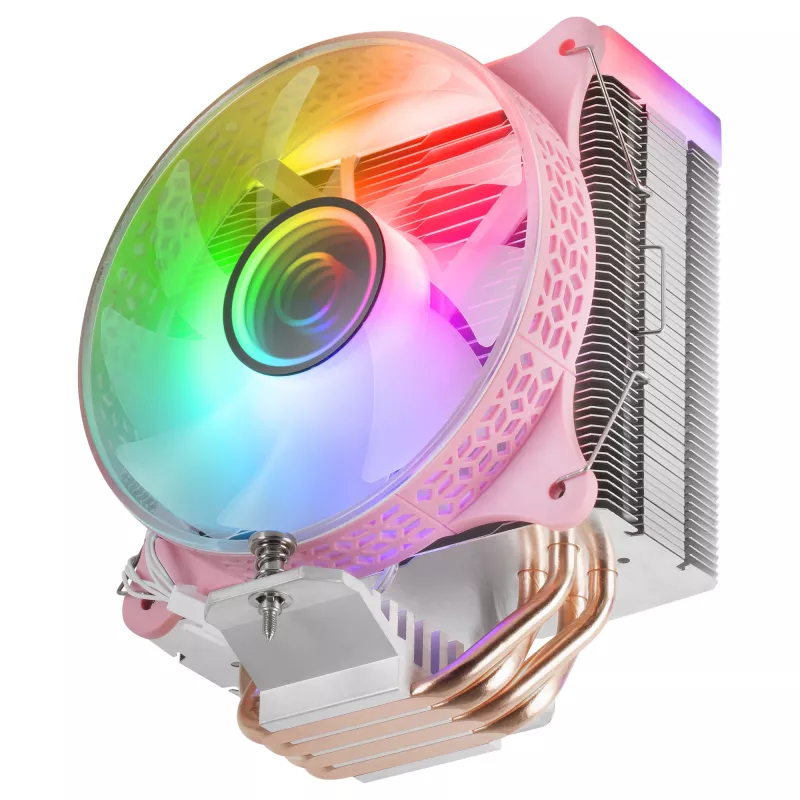 Mars Gaming MCPU-VR rozā CPU dzesētājs ar dubultu bezgalības spoguļa ARGB, 4 HCT siltuma caurulēm, 180 W TDP, īpaši klusu PWM 12 cm ventilatoru
