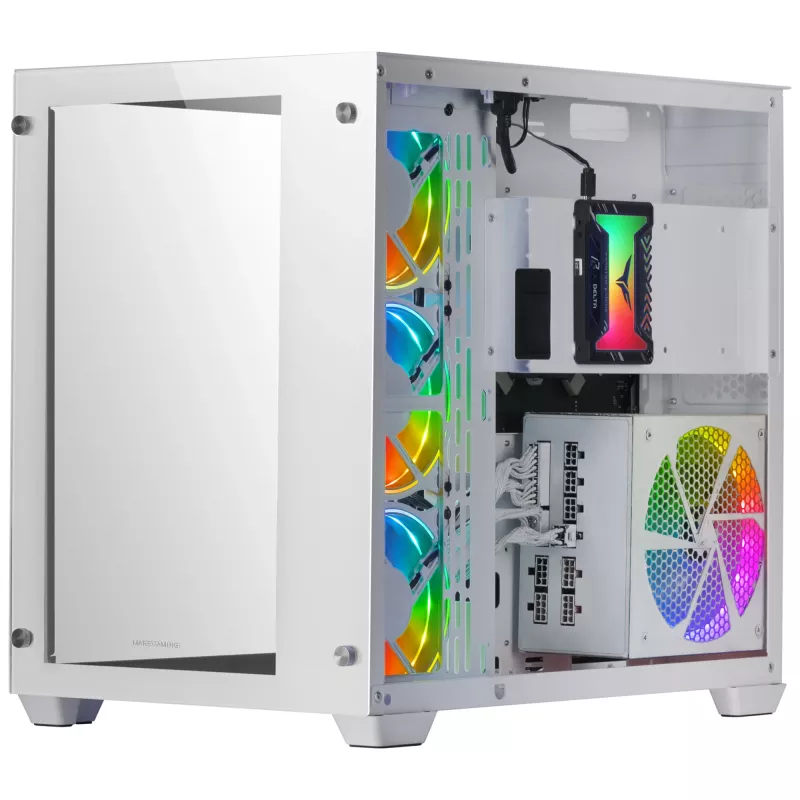 Mars Gaming MCV3 balta Custom XXL E-ATX Gaming Tower Front and Side Tempered Glass Window Dual Chamber Modular Frame