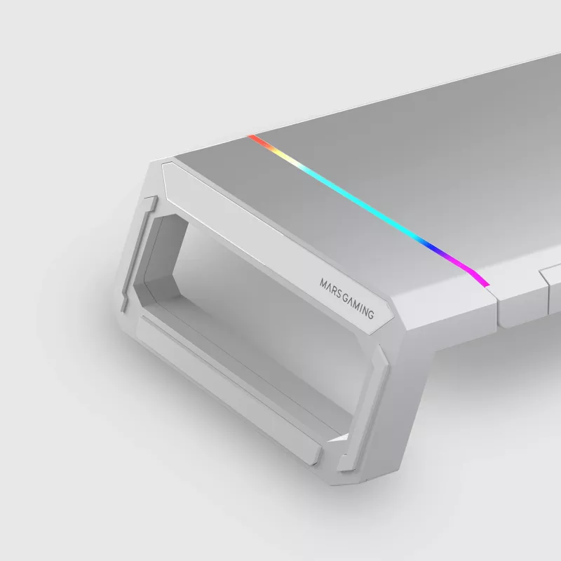 Mars Gaming MGS-ONE balta Chroma RGB monitora statīvs regulējama izmēra viedtālruņa un planšetdatora statīvs ar priekšējo USB 2.0