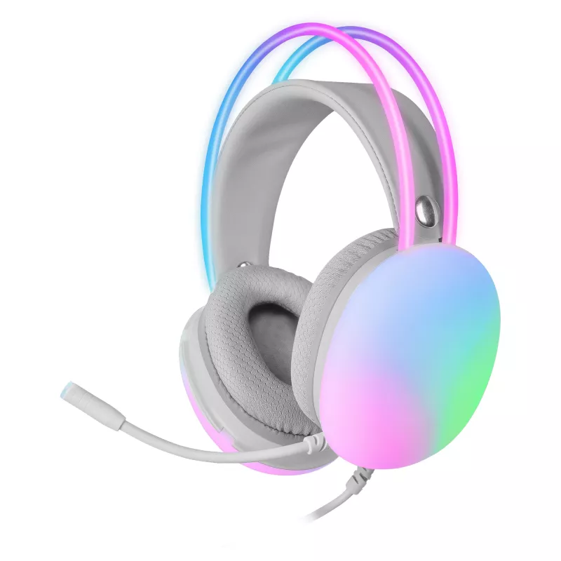 Mars Gaming MH-GLOW balta 360° Full Chroma RGB Flow galvas austiņas ar trokšņu slāpēšanas mikrofonu, ultra vieglu dizainu, atmiņas putu ausu spilventiņiem un universālu savietojamību