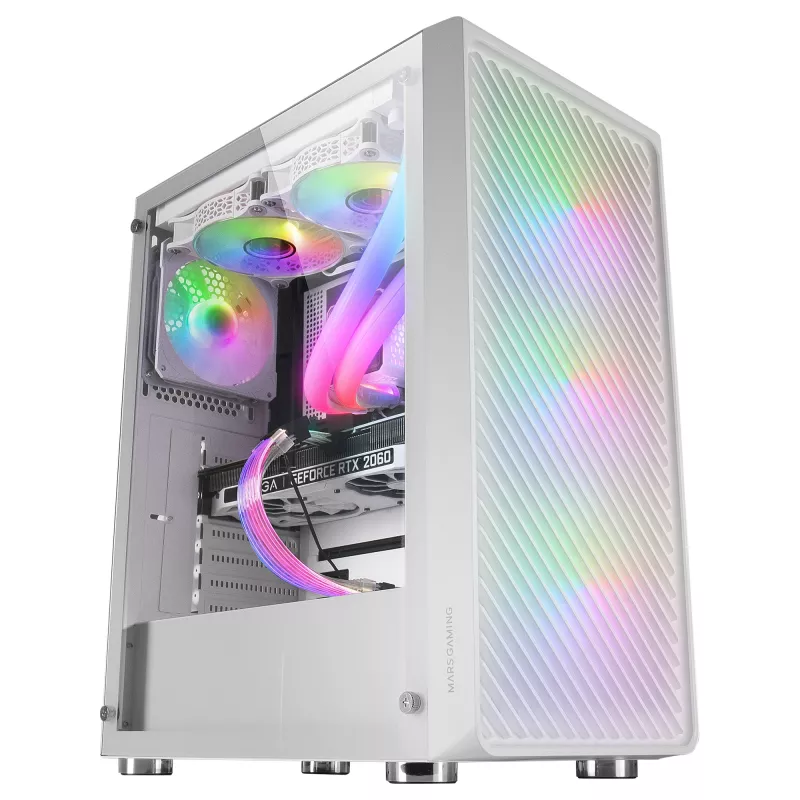 Mars Gaming MC-F balta, ATX Gaming Semitornis, pilnībā rūdīta stikla logs, metāla sieta priekšpuse, 4x 120mm ARGB ventilatori
