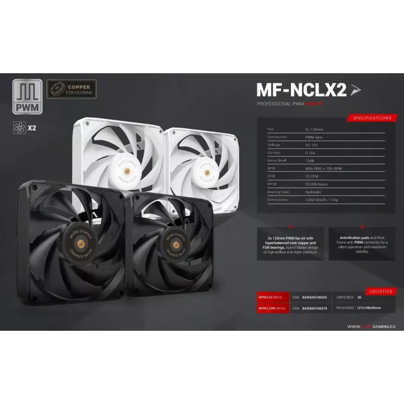 Mars Gaming MF-NCLX2W datora korpusa ventilators 12 cm balts 2 gab.