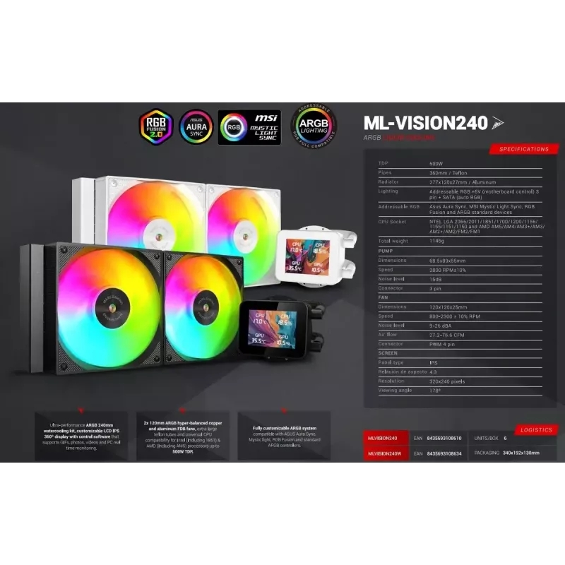 Mars Gaming ML-VISION240W AIO šķidruma CPU dzesētājs, 240 mm, RGB, balts