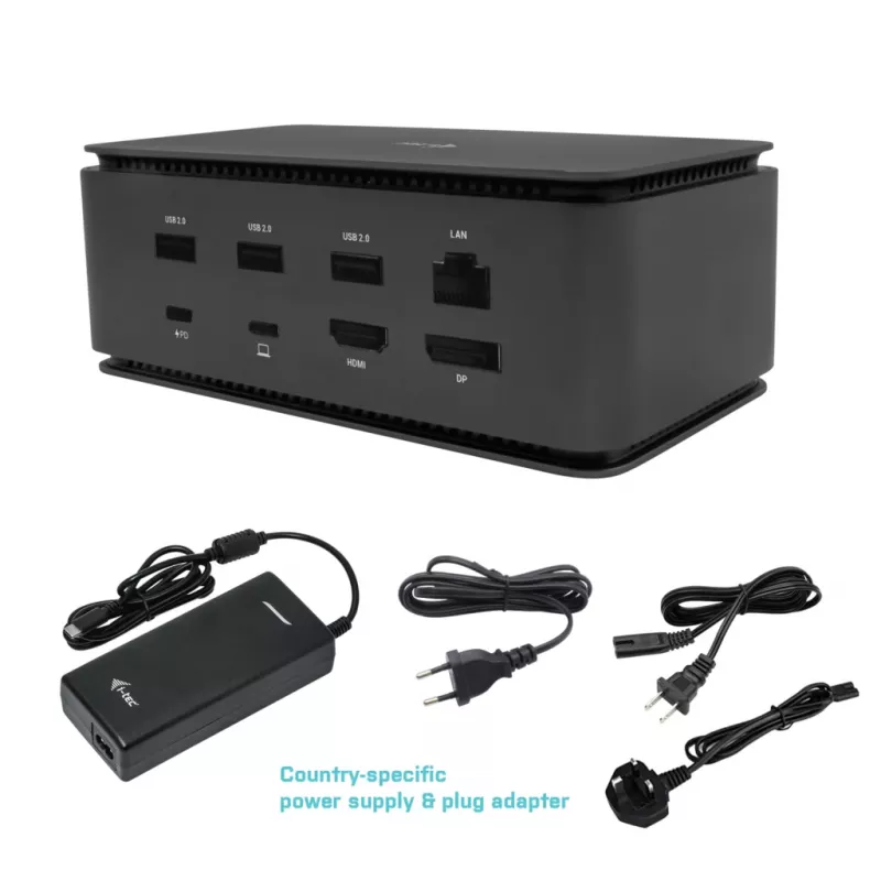 i-tec Metal USB4 dokstacija Dual 4K HDMI DP ar strāvas padevi 80 W + universālais lādētājs 100 W