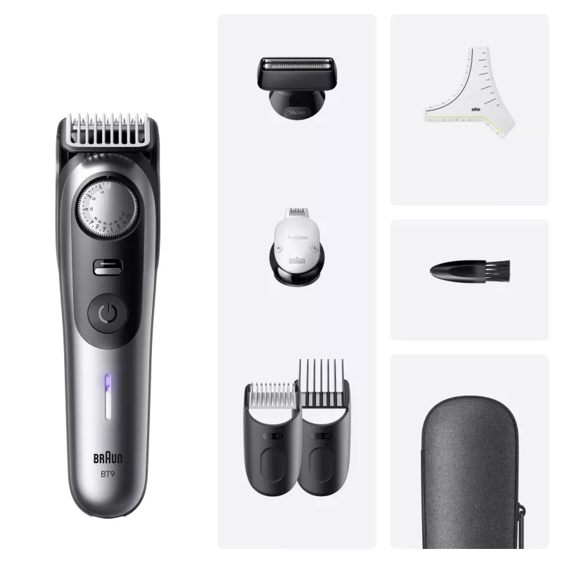 Bārdas trimmeris BRAUN BeardTrimmer 9 80789785, 20 garuma soļi, 0,5–20 mm, maiņstrāva/baterija, mitrs un sauss, pelēks
