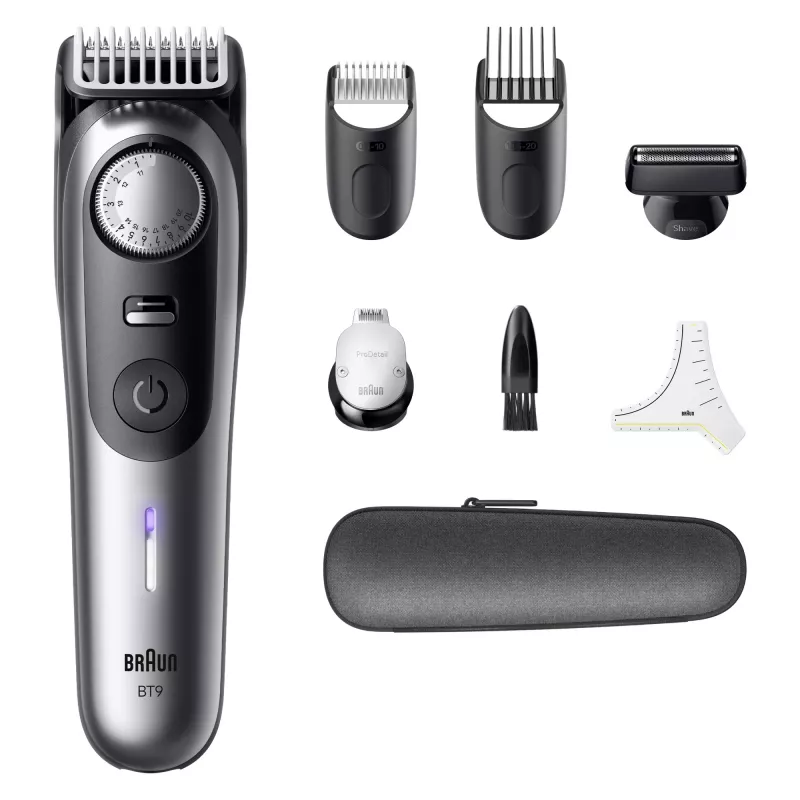 Bārdas trimmeris BRAUN BeardTrimmer 9 80789785, 20 garuma soļi, 0,5–20 mm, maiņstrāva/baterija, mitrs un sauss, pelēks