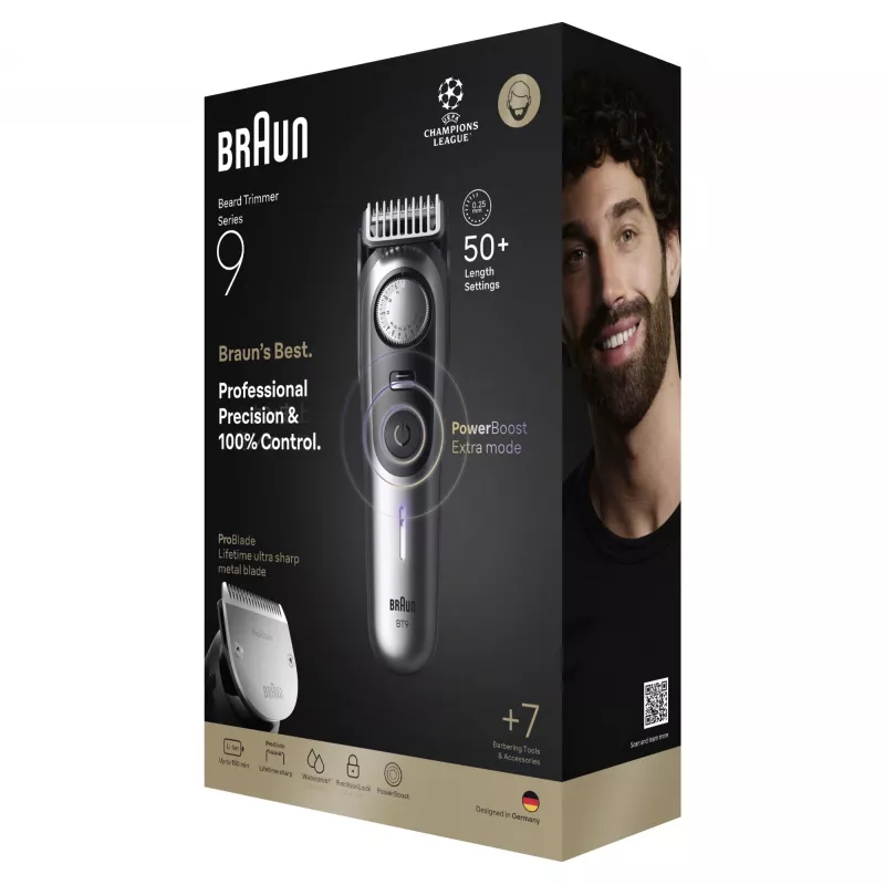 Bārdas trimmeris BRAUN BeardTrimmer 9 80789785, 20 garuma soļi, 0,5–20 mm, maiņstrāva/baterija, mitrs un sauss, pelēks