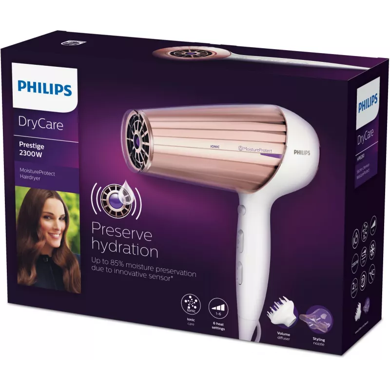 Philips MoistureProtect Sensor matu žāvētājs HP8280/00 — 2300 W, līdzstrāvas motors, 6 ātrumi, jonu funkcija, aukstā gaisa padeve, violeta/balta