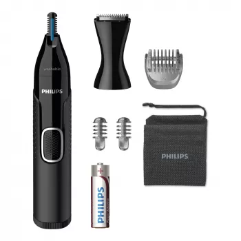Deguna trimmeris Philips 5000 NT5650/16 — darbināms ar baterijām, AA, ūdensnecaurlaidīgs, nerūsējošā tērauda asmeņi, 3 ķemmes, ceļojumu maciņš