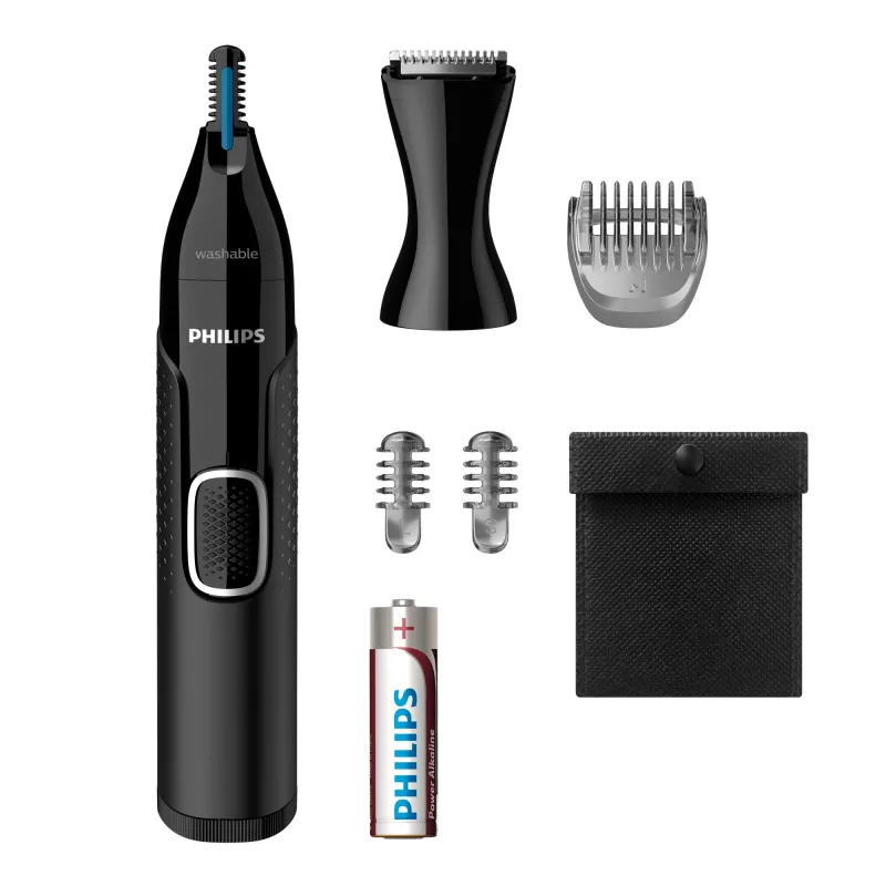 Deguna trimmeris Philips 5000 NT5650/16 — darbināms ar baterijām, AA, ūdensnecaurlaidīgs, nerūsējošā tērauda asmeņi, 3 ķemmes, ceļojumu maciņš