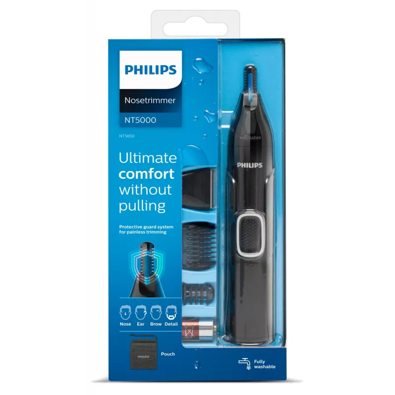 Deguna trimmeris Philips 5000 NT5650/16 — darbināms ar baterijām, AA, ūdensnecaurlaidīgs, nerūsējošā tērauda asmeņi, 3 ķemmes, ceļojumu maciņš