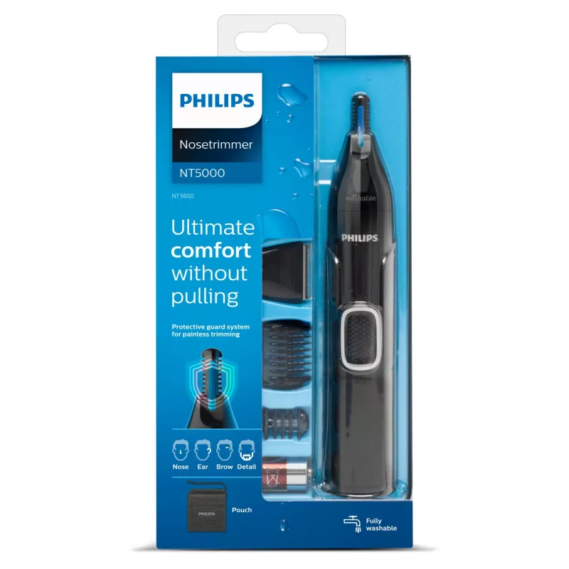 Deguna trimmeris Philips 5000 NT5650/16 — darbināms ar baterijām, AA, ūdensnecaurlaidīgs, nerūsējošā tērauda asmeņi, 3 ķemmes, ceļojumu maciņš