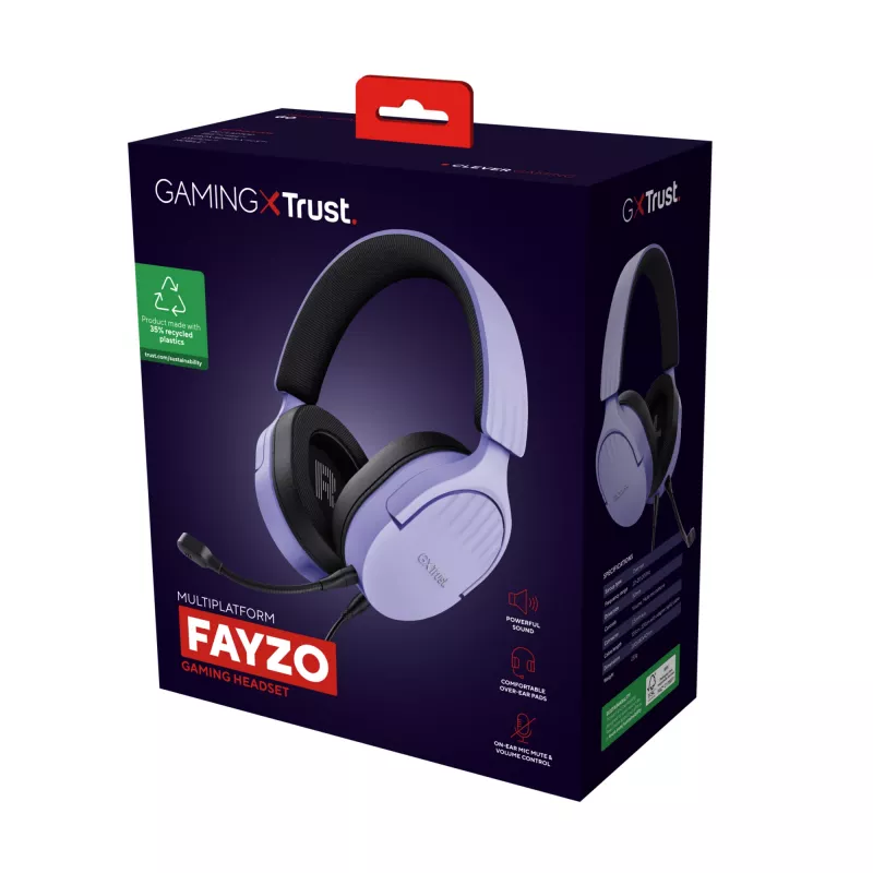 Trust GXT 489P FAYZO austiņas ar vadu, galvas stīpa, spēlēm, melnas, violetas