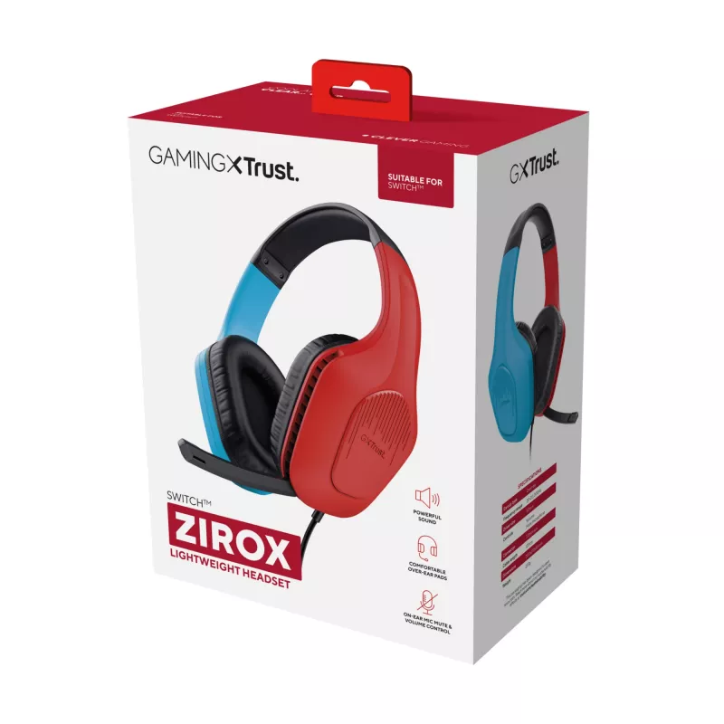 Trust GXT 416S Zirox austiņas ar vadu, galvas stīpu, spēlēm, melnas, ciāna, sarkanas