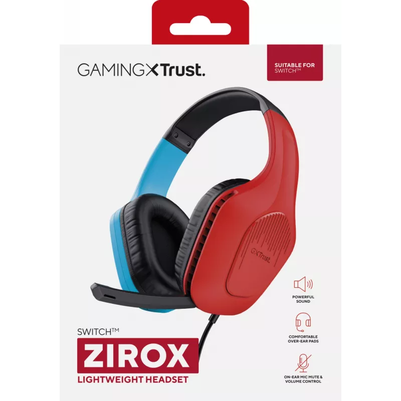 Trust GXT 416S Zirox austiņas ar vadu, galvas stīpu, spēlēm, melnas, ciāna, sarkanas