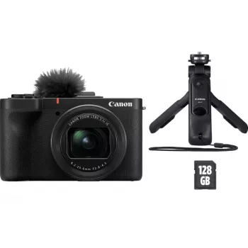 Kompakta kamera Canon PowerShot V1 Premium Vlogger Kit — 22,3 MP, 1/4 collu CMOS, 4K UHD, 3,1x optiskā tālummaiņa, 3 collu skārienekrāns, melna