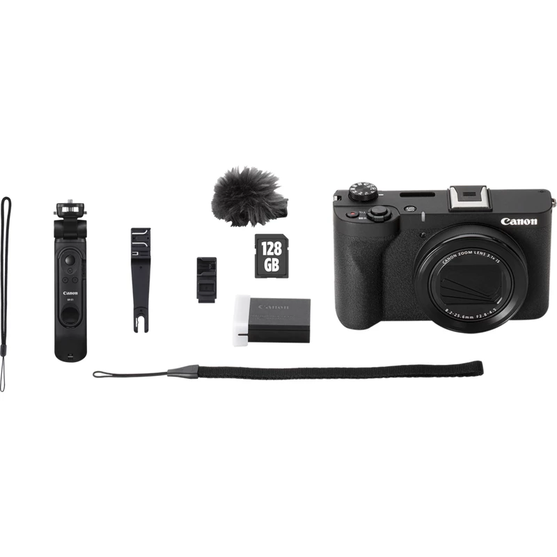 Kompakta kamera Canon PowerShot V1 Premium Vlogger Kit — 22,3 MP, 1/4 collu CMOS, 4K UHD, 3,1x optiskā tālummaiņa, 3 collu skārienekrāns, melna