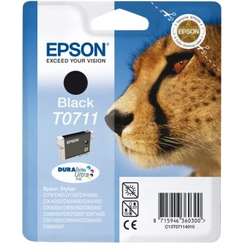 Epson Cheetah Singlepack Melns T0711 DURABrite Ultra tinte, Melns, Pigmenta bāzes tinte, 1 gab.