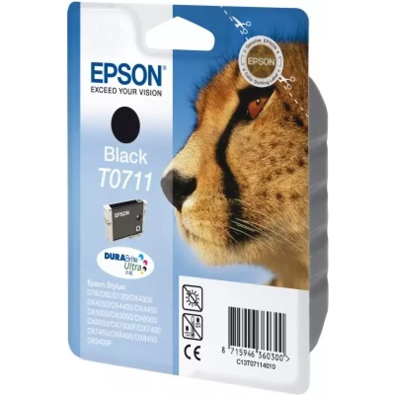Epson Cheetah Singlepack Melns T0711 DURABrite Ultra tinte, Melns, Pigmenta bāzes tinte, 1 gab.