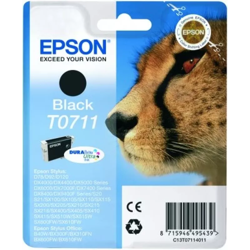 Epson Cheetah Singlepack Melns T0711 DURABrite Ultra tinte, melna, pigmenta tinte, 1 gab.