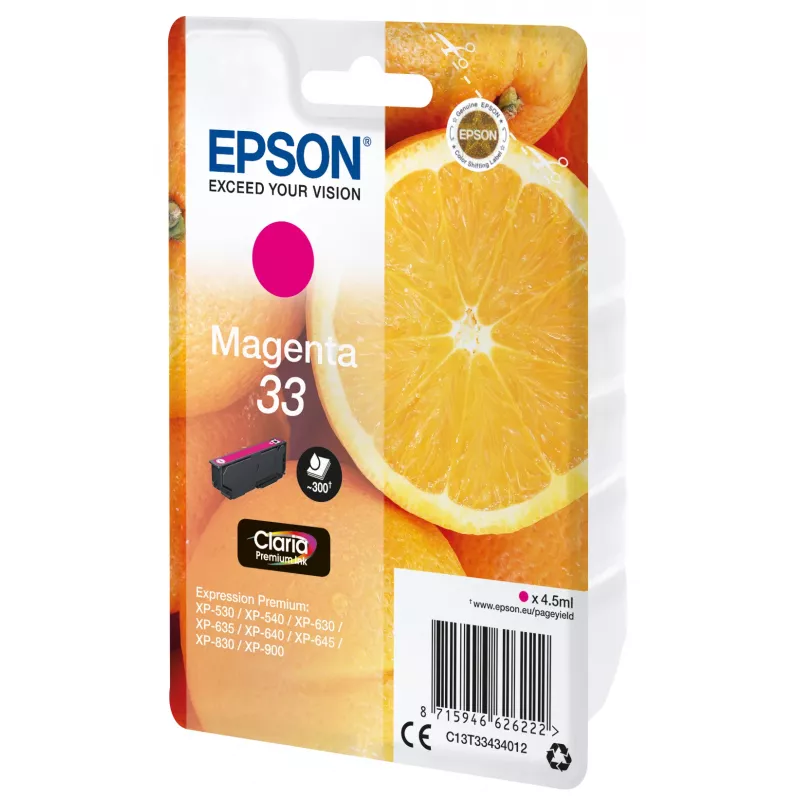 Epson oranžas Singlepack fuksīna 33 Claria Premium Ink, fuksīna, pigmenta bāzes tinte, 4.5 ml, 1 gab., 300 lappuses