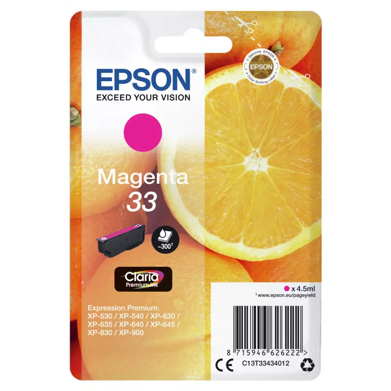 Epson oranžas Singlepack fuksīna 33 Claria Premium Ink, fuksīna, pigmenta bāzes tinte, 4.5 ml, 1 gab., 300 lappuses