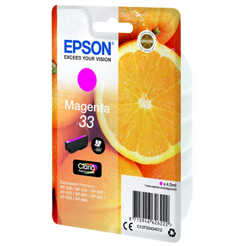 Epson oranžas Singlepack fuksīna 33 Claria Premium Ink, fuksīna, pigmenta bāzes tinte, 4.5 ml, 1 gab., 300 lappuses