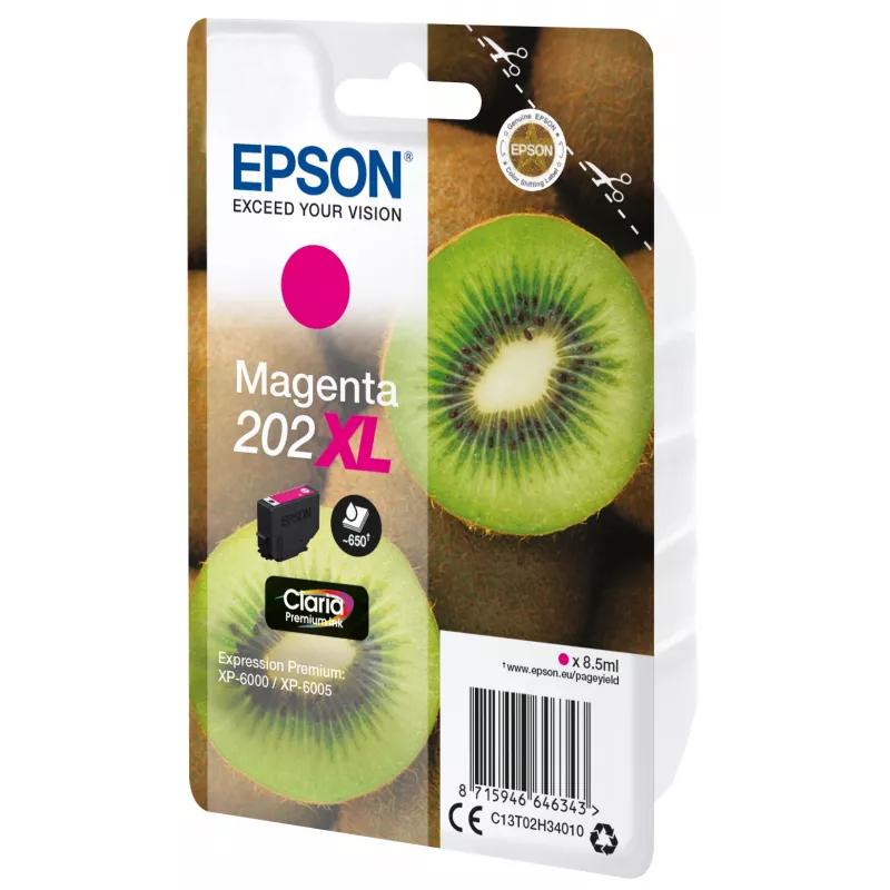 Epson Kiwi Singlepack fuksīna 202XL Claria Premium Ink, High (XL) Yield, fuksīna, pigmenta tinte, 8.5 ml, 1 gab., 650 lapas