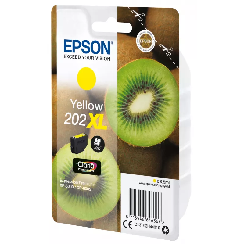 Epson Kiwi Singlepack dzeltena 202XL Claria Premium Ink, High (XL) Yield, dzeltena, pigmenta tinte, 8.5 ml, 1 gab., 650 lapas