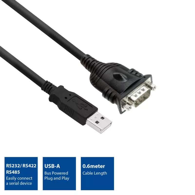 ACT 0,6 metri USB uz seriālo adapteri, Melns, 0,6 m, USB Type-A, DB-9, Vīrišķais, Vīrišķais
