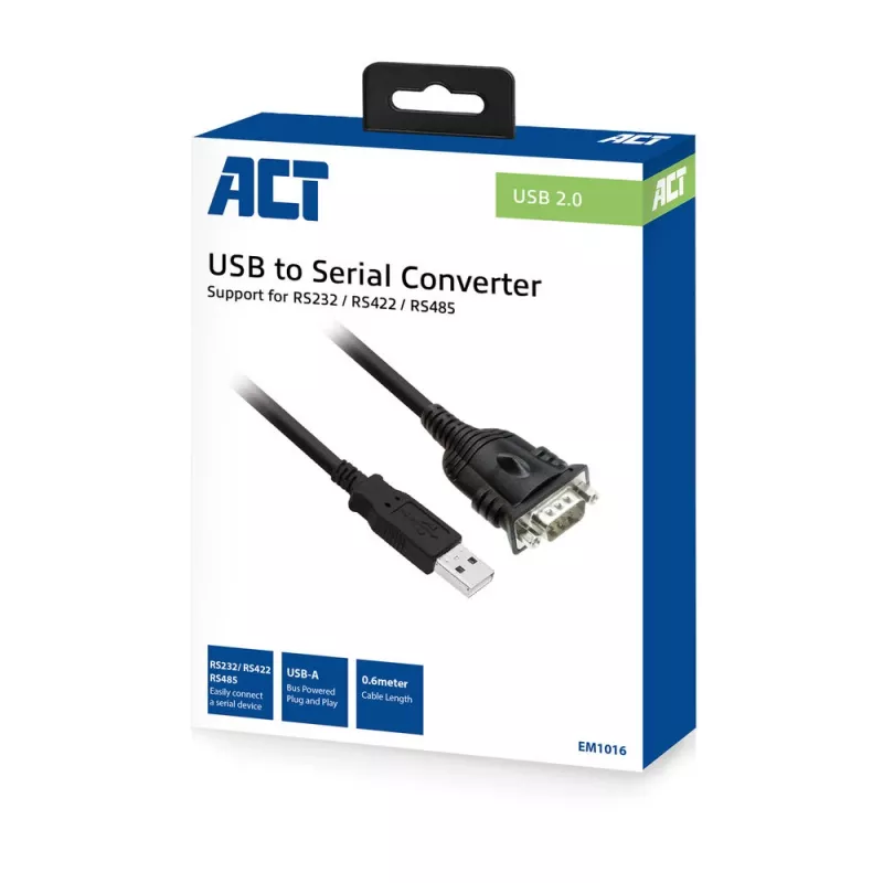 ACT 0,6 metri USB uz seriālo adapteri, Melns, 0,6 m, USB Type-A, DB-9, Vīrišķais, Vīrišķais