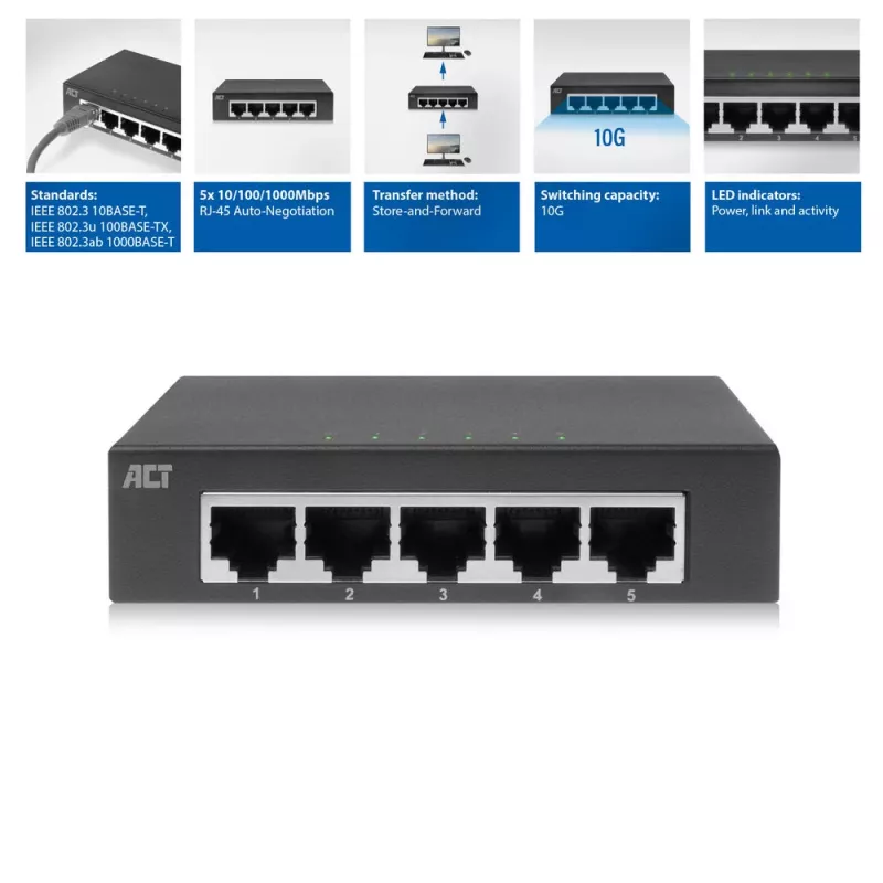 Nepārvaldāms slēdzis ACT AC4415 Gigabit Ethernet 5 porti 10 Gbit/s