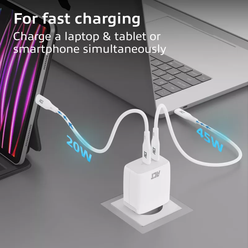 ACT USB-C lādētājs 65W 2 portu ar Power Delivery PPS un GaNFast
