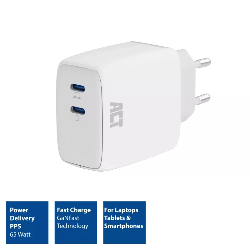 ACT USB-C lādētājs 65W 2 portu ar Power Delivery PPS un GaNFast