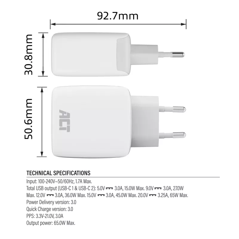 ACT USB-C lādētājs 65W 2 portu ar Power Delivery PPS un GaNFast