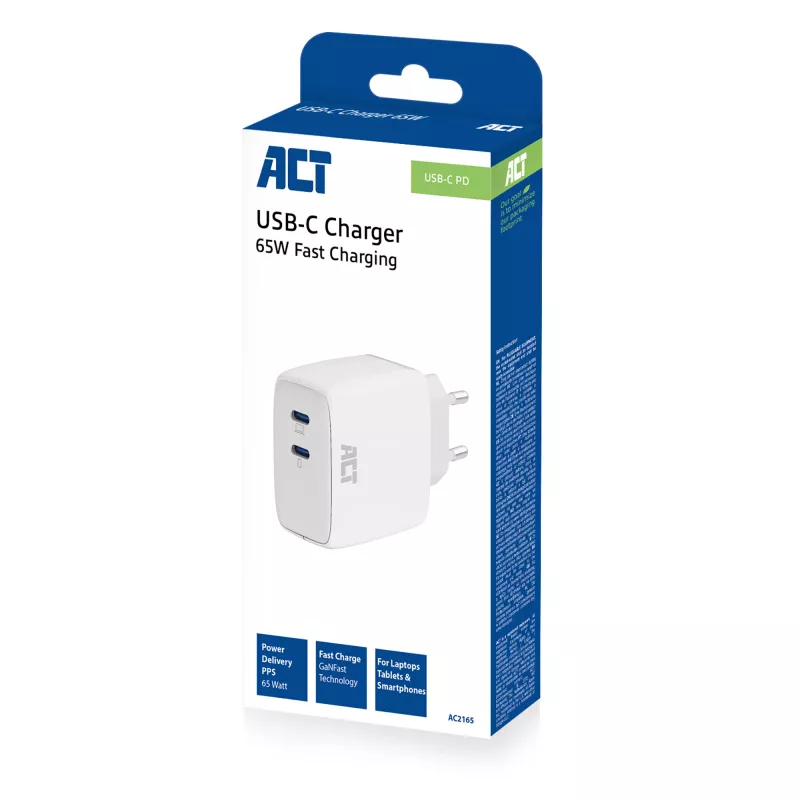 ACT USB-C lādētājs 65W 2 portu ar Power Delivery PPS un GaNFast