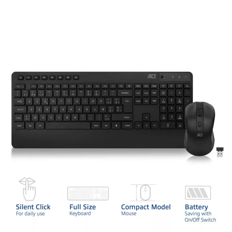ACT bezvadu tastatūras un peles komplekts (Azerty), klusie klikšķi, videi draudzīgs, izgatavots no pārstrādātiem materiāliem